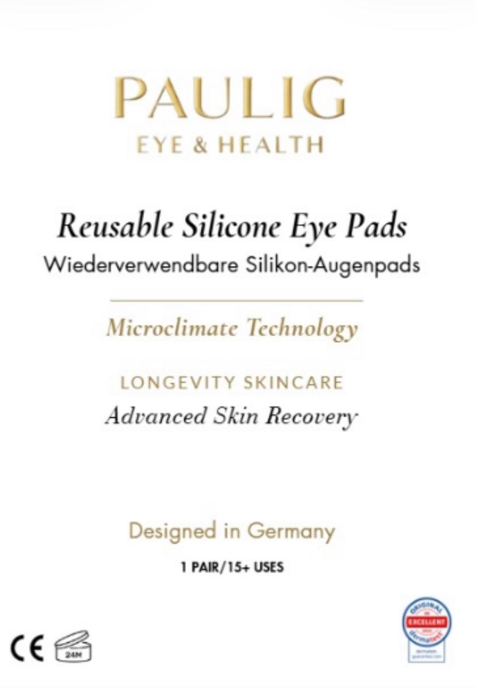 Weiße Verpackung mit goldener Aufschrift für Silikon Augenpads aus Deutschland